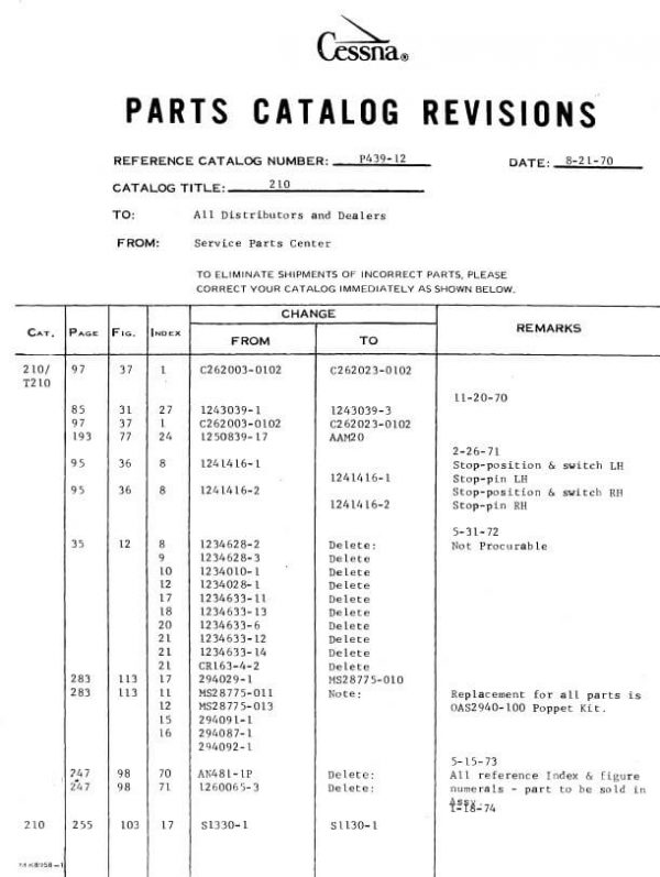 Cessna Model 210 & T210 Series Parts Catalog, P439-12