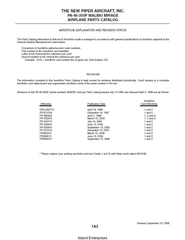 Piper Malibu Mirage Parts Catalog PA-46-350P Part No. 761-878 V2006.2