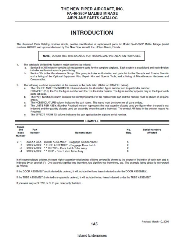 Piper Malibu Mirage Parts Catalog PA-46-350P Part No. 761-878 V2006.3