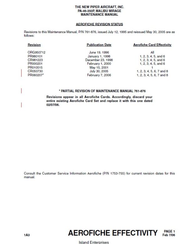 Piper Malibu Mirage Maintenance Manual PA-46-350P Part-761-876 v2006.2